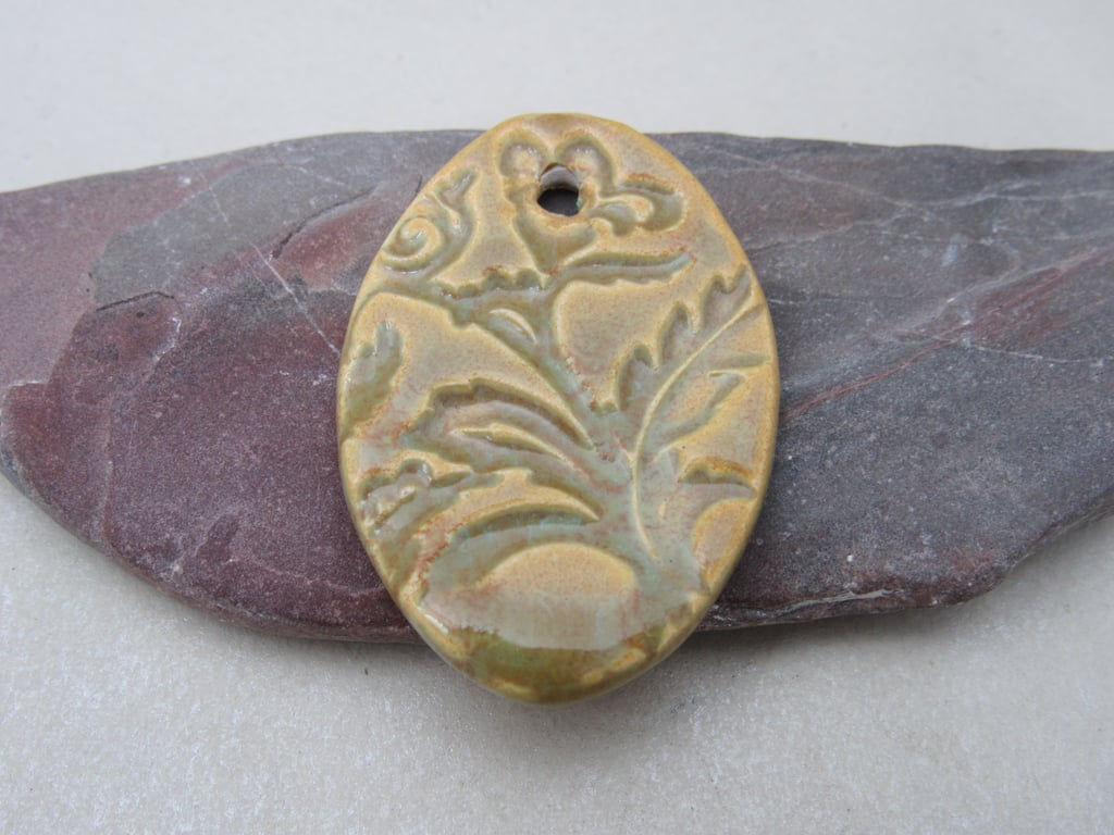 Large Old Gold Brocade Ceramic Pendant