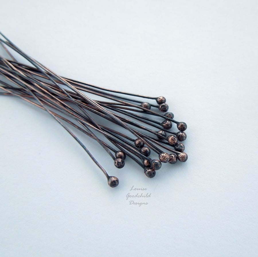 Solid copper headpins, antique ball head pins x 20, make your own, copper wire