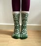 Hand knitted White and Green Wool Socks Flowers Floral Scandinavian Fair isle - Image 1