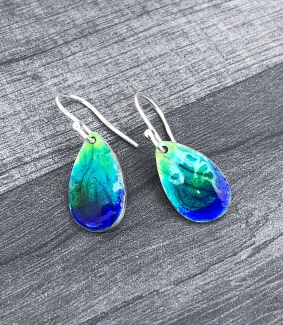 Peacock Earrings, enamel earrings, teardrop earrings, blue earrings, enamel, 