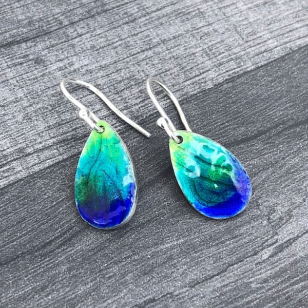 Peacock Earrings, enamel earrings, teardrop earrings, blue enamel earrings, blue