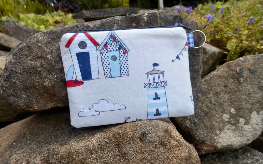 SOLD Coin purse seaside beach huts lighthouse mini make up bag
