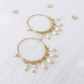 Crystal Pearl and Gold Filled Fringe Hoop Earrings