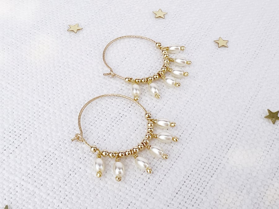 Crystal Pearl and Gold Filled Fringe Hoop Earrings
