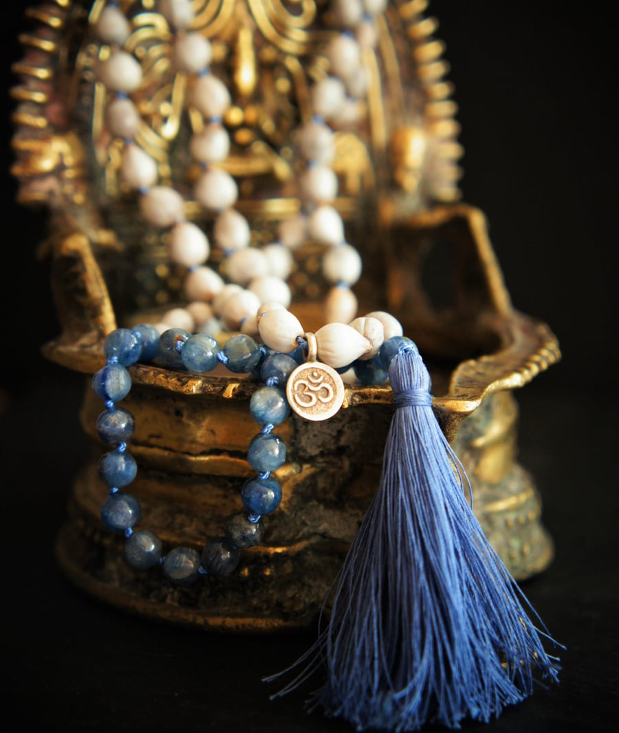 108 Throat Chakra Mala,Kyanite,Silver Charm and vaijayanti Seed Yoga Necklace