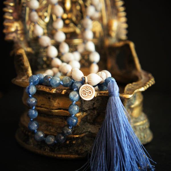 108 Throat Chakra Mala,Kyanite,Silver Charm and vaijayanti Seed Yoga Necklace