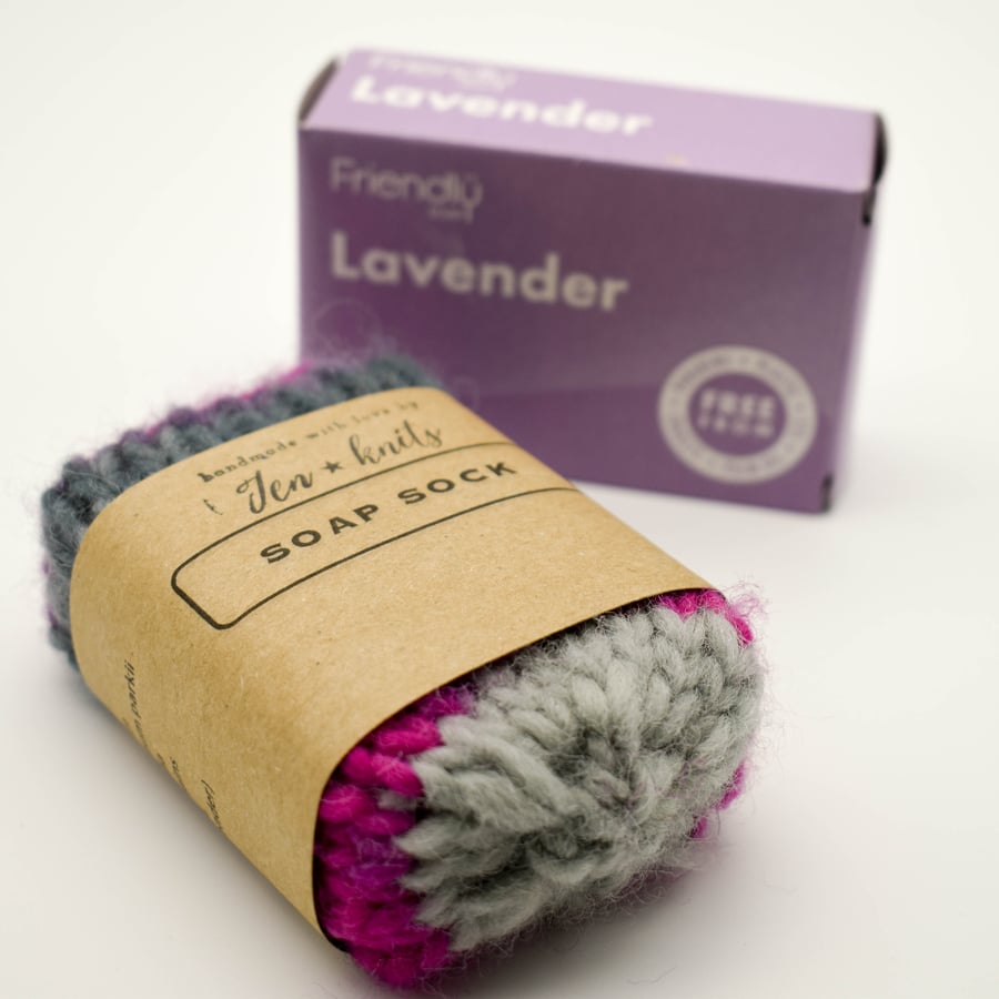 SOLD Hand knitted self felting lavender soap sock - pink and grey - eco friendly