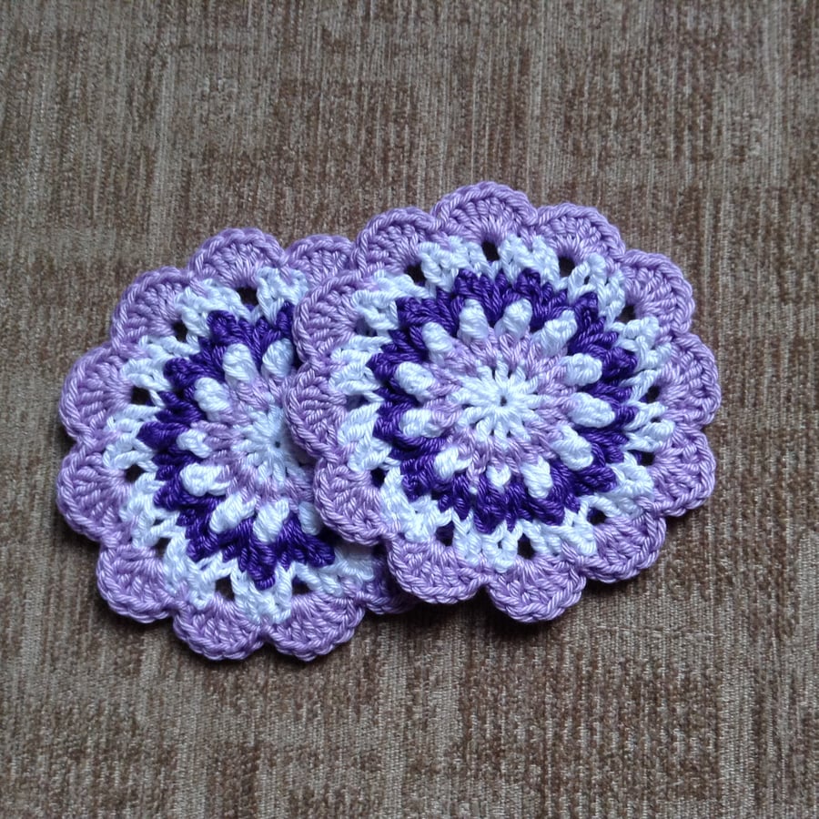 Crochet Mandala Doily Table Mat Coaster Set of 2 in Purple, Lilac and White