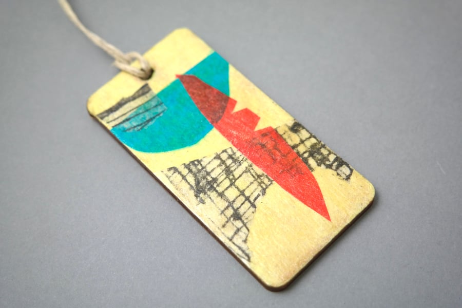 Abstract hand printed wooden hanging decoration 