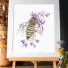 Honey Bee and Lavender signed 10 x 12” mounted print 