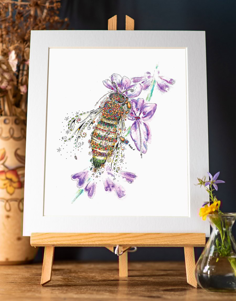 Honey Bee and Lavender signed 10 x 12” mounted print 