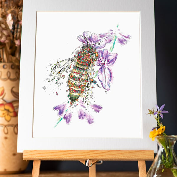 Honey Bee and Lavender signed 10 x 12” mounted print 