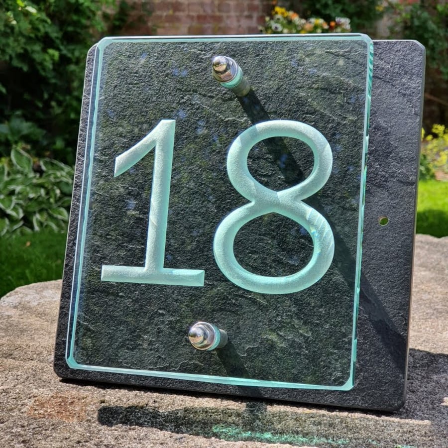 Two Digit Engraved Glass & Slate House Number Sign. Size 20cm x 20cm