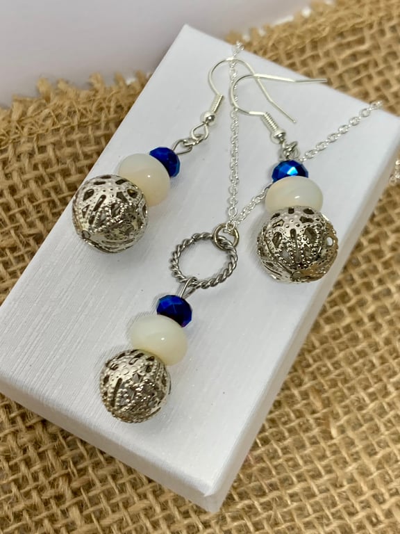 Round Orb and Glass Bead Pendant  And Earring Set