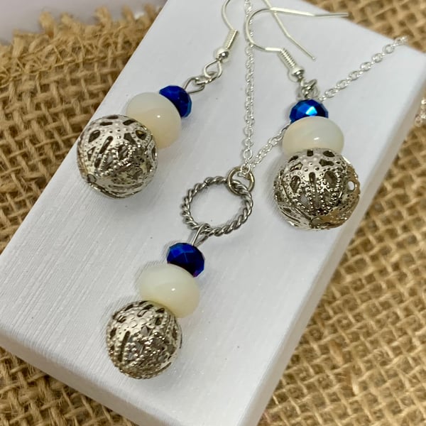 Round Orb and Glass Bead Pendant  And Earring Set