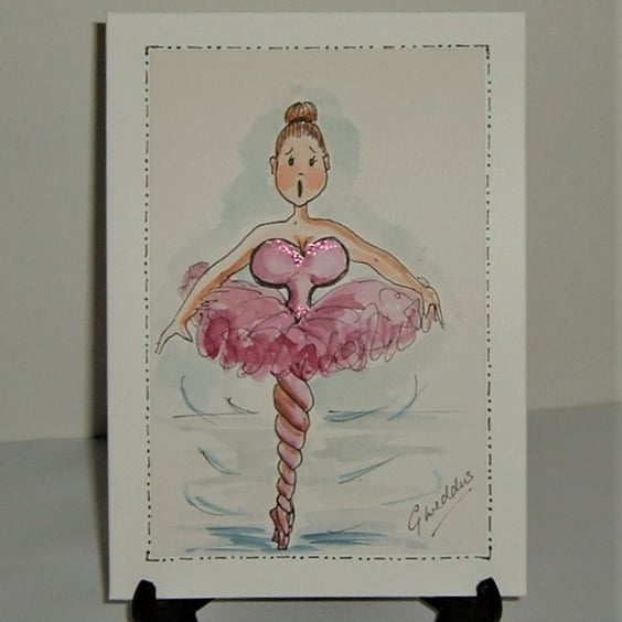original art hand drawn cartoon ballerina greetings card  ( ref F 913 )