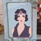 Elegant Art Deco flapper girl and peacock feather birthday card