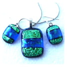 Dichroic Glass 100 Pendant Earring Set Green Crackle with Silver Plated Chain
