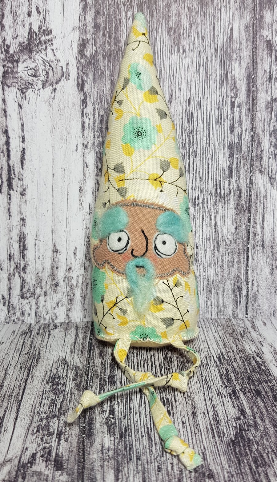 House Gnome in Mint, Blue, Yellow Floral Fabric - Shelf Decoration