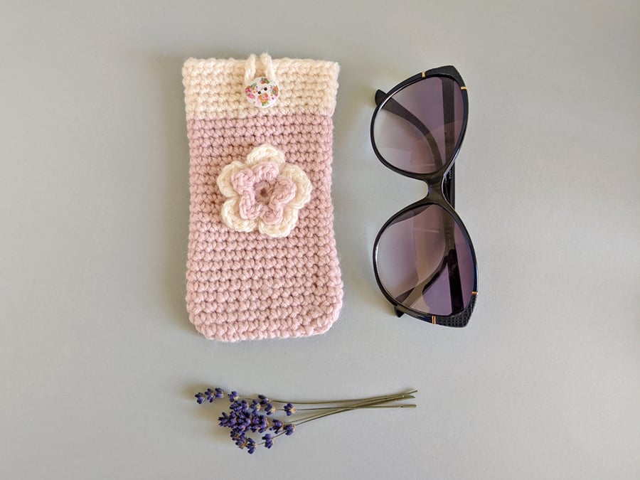 Pale Pink & Cream Sunglasses Glasses Case with flower