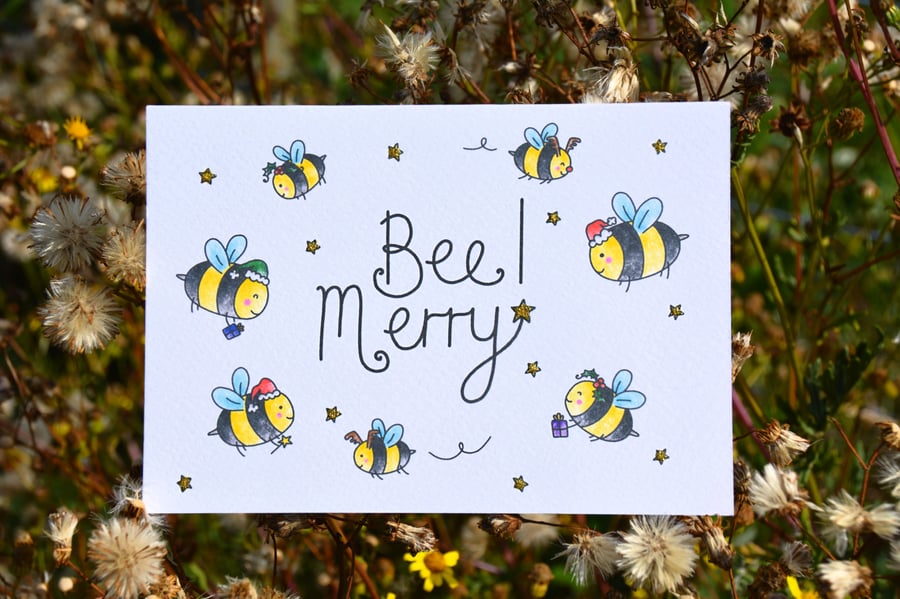 Bee Christmas Card, Bee Merry! Handmade Funny Christmas Card