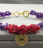 Chunky Amethyst & Red Coral Gold Filigree Heart Gemstone Chip Choker Necklace - Image 10
