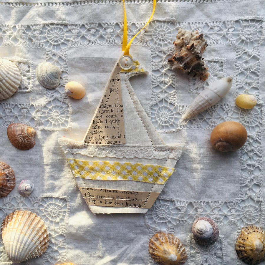 Wool felt hanging sail boat decoration - yellow 