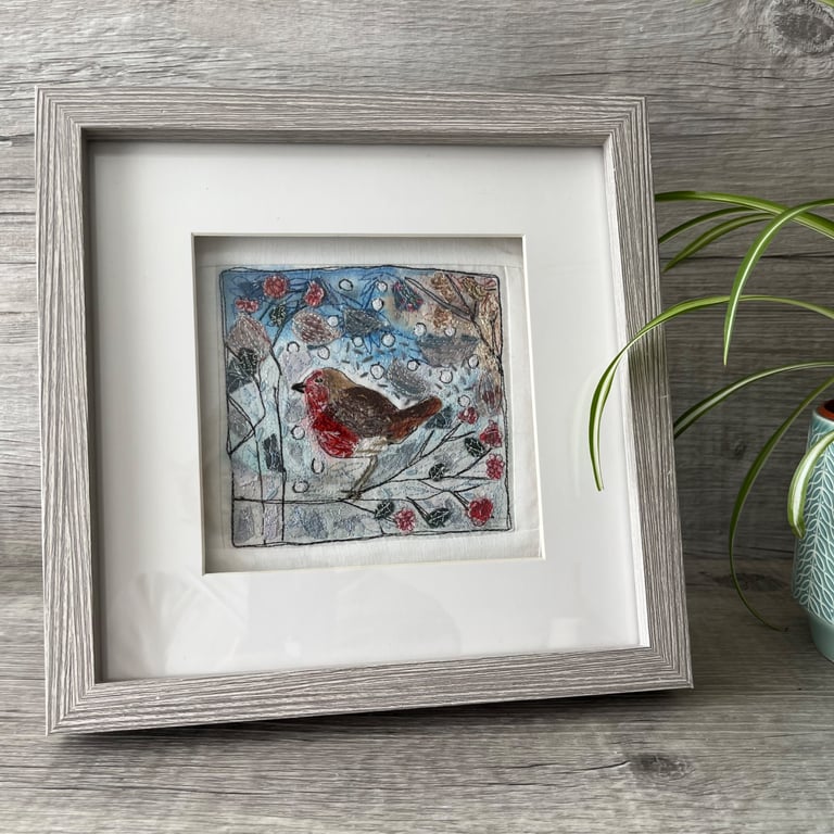 Framed Free Motion Robin Embroidery Textile Art 