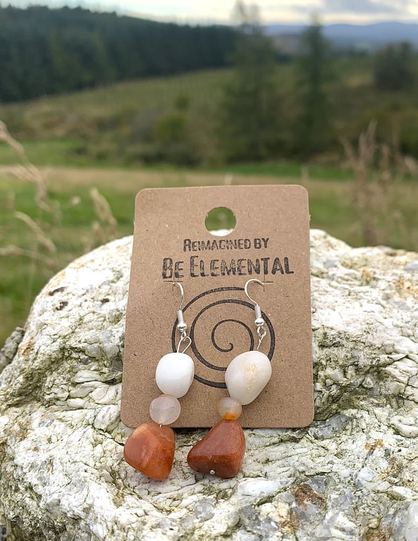 Natural pebble drop earrings in orange and white 