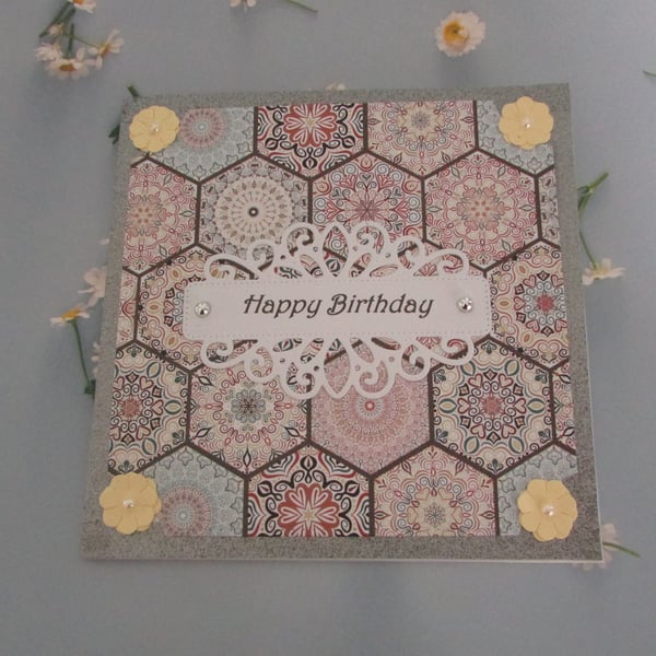 Happy Birthday Card Mosaic Tile inspired Pinks & Blues
