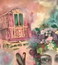 Nature Woman with Hare & Gypsy Caravan – Original Mixed-Media Painting - Image 4