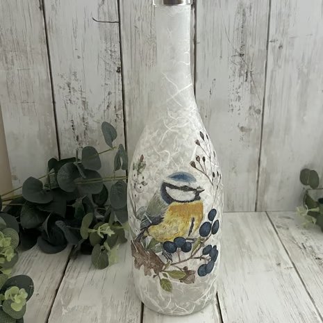 Decoupage Upcycled Glass Bottle Light - Blue Tit, Home Decor, Nature Inspired