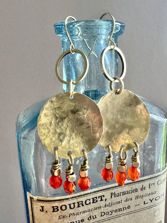 Boho Brass Festival Earrings with Carnelian Gemstone Beads Unique Jewellery