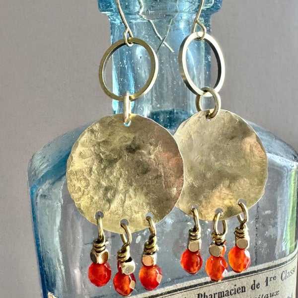 Boho Brass Festival Earrings with Carnelian Gemstone Beads Unique Jewellery