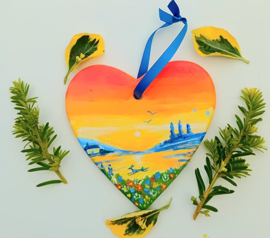 Heart shape with hare and landscape  on ceramic 11 x 11 cm