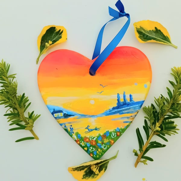 Heart shape with hare and landscape  on ceramic 11 x 11 cm