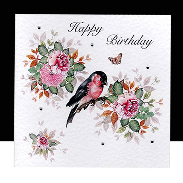 A Luxury Happy Birthday- Bullfinch and Roses Handmade Card 