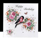 A Luxury Happy Birthday- Bullfinch and Roses Handmade Card 