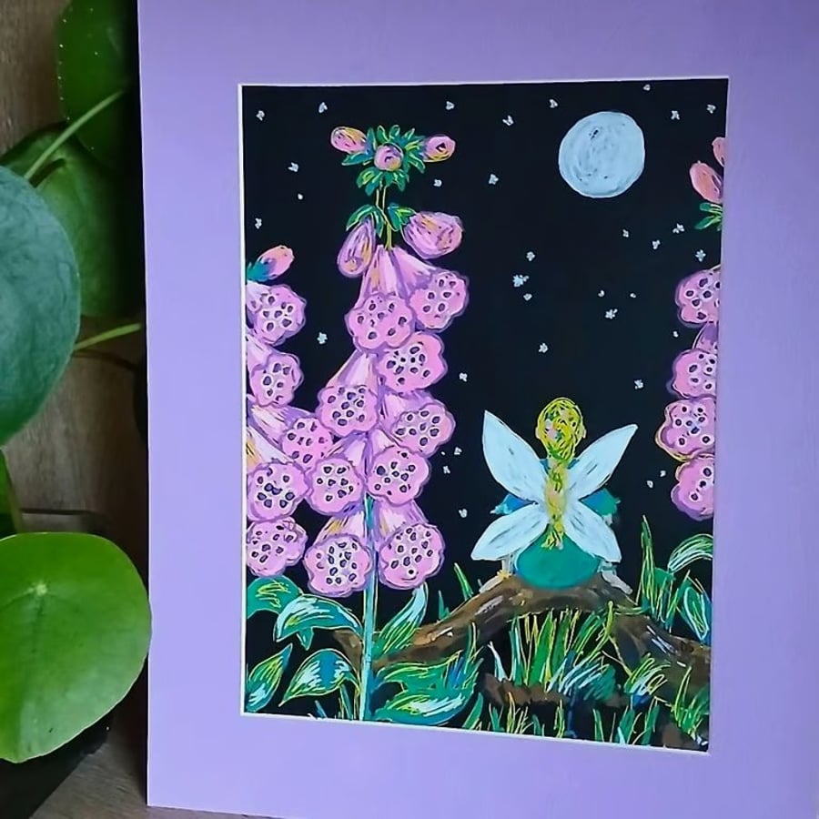 Illustration of a Fairy sitting on a log amongst the foxgloves at night.  