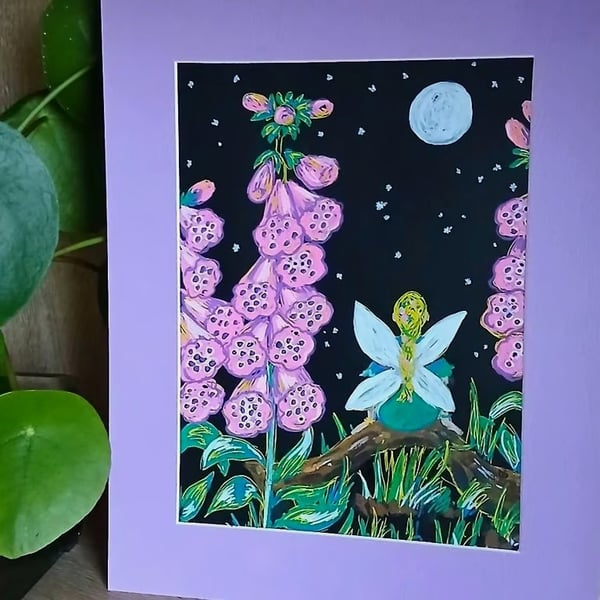 Illustration of a Fairy sitting on a log amongst the foxgloves at night.  