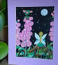 Illustration of a Fairy sitting on a log amongst the foxgloves at night.   - Image 1
