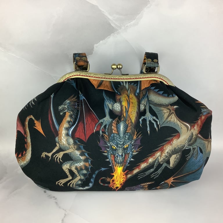 Dragon large shoulder bag, Gothic kiss lock bag, Handmade