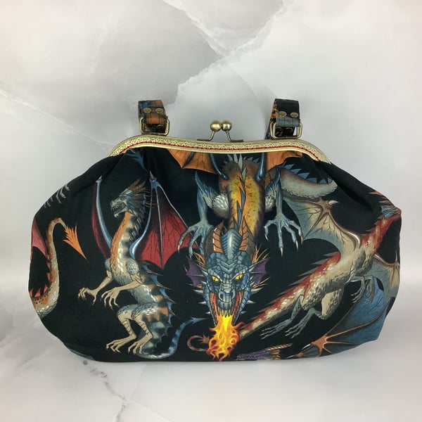 Dragon large shoulder bag, Gothic kiss lock bag, Handmade