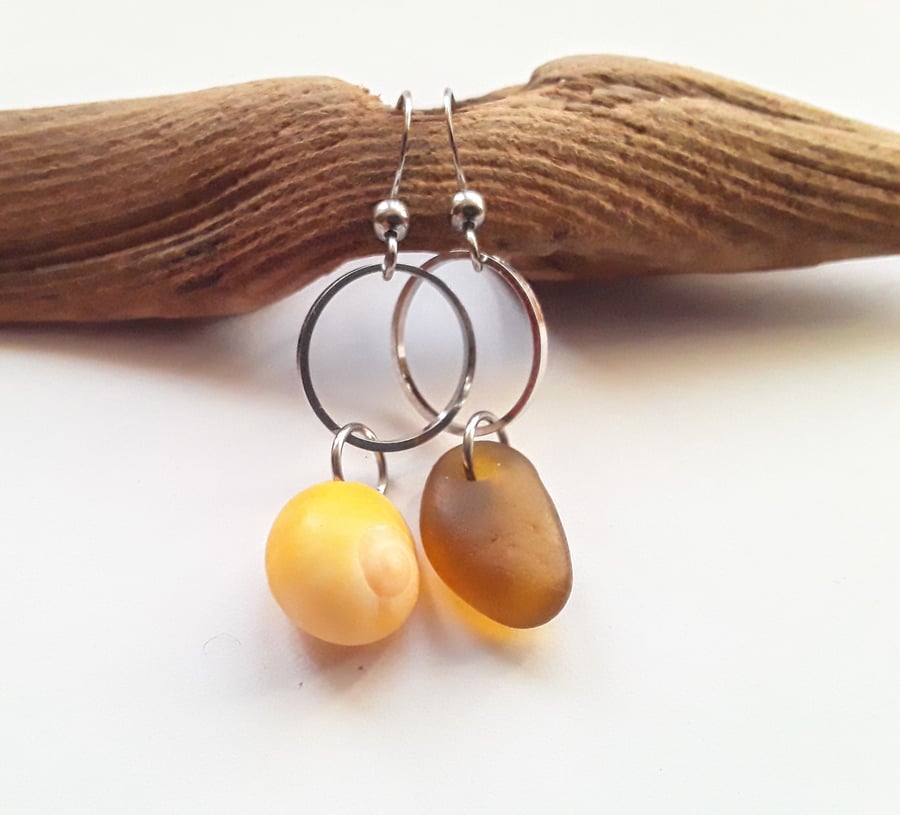 Asymmetrical Seaglass & Shell Earrings: Golden Yellow