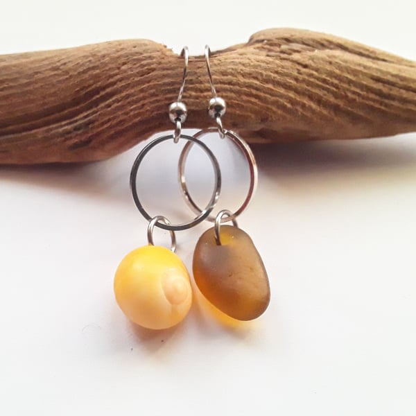 Asymmetrical Seaglass & Shell Earrings: Golden Yellow