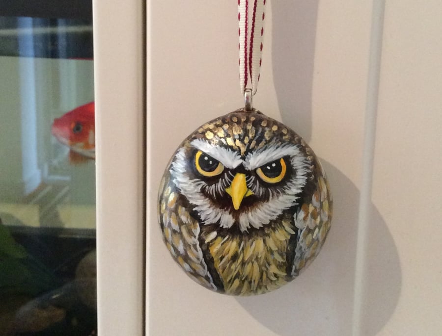Hanging owl home decor painted pebble 