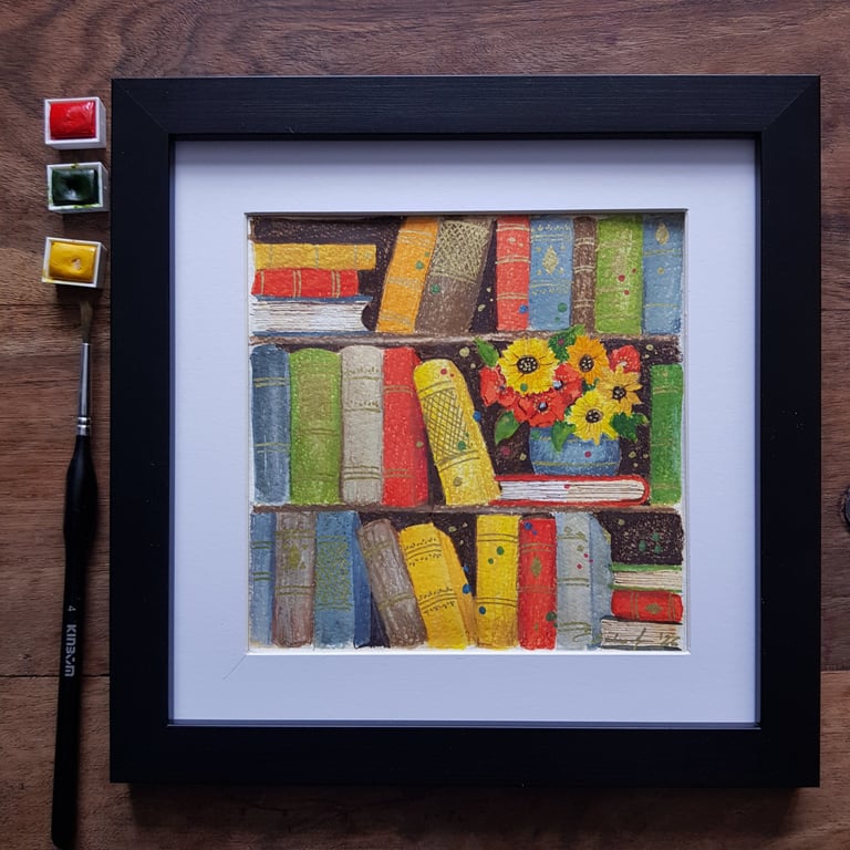 Three whimsical bookshelves with sunflowers and poppies, framed original artwork