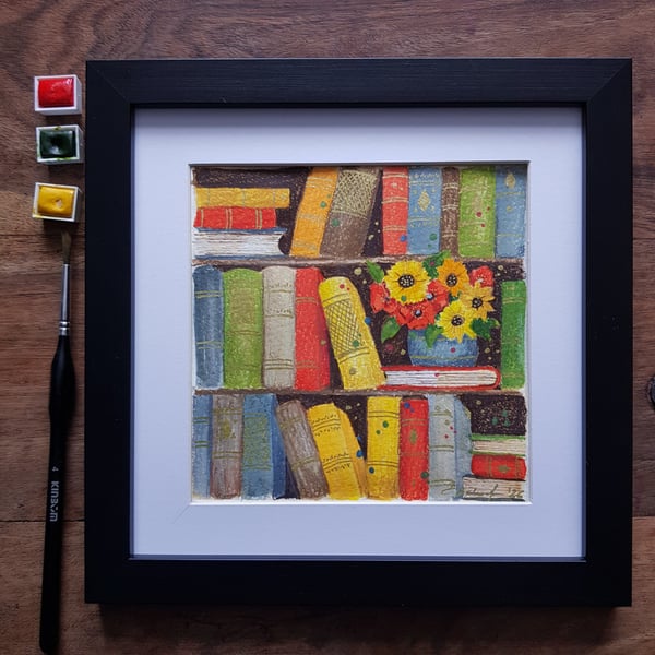 Three whimsical bookshelves with sunflowers and poppies, framed original artwork