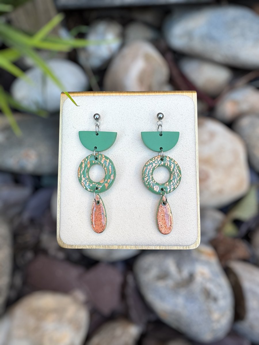 Sage Green and Bronze Leaf three tier Geometric Polymer clay Earrings