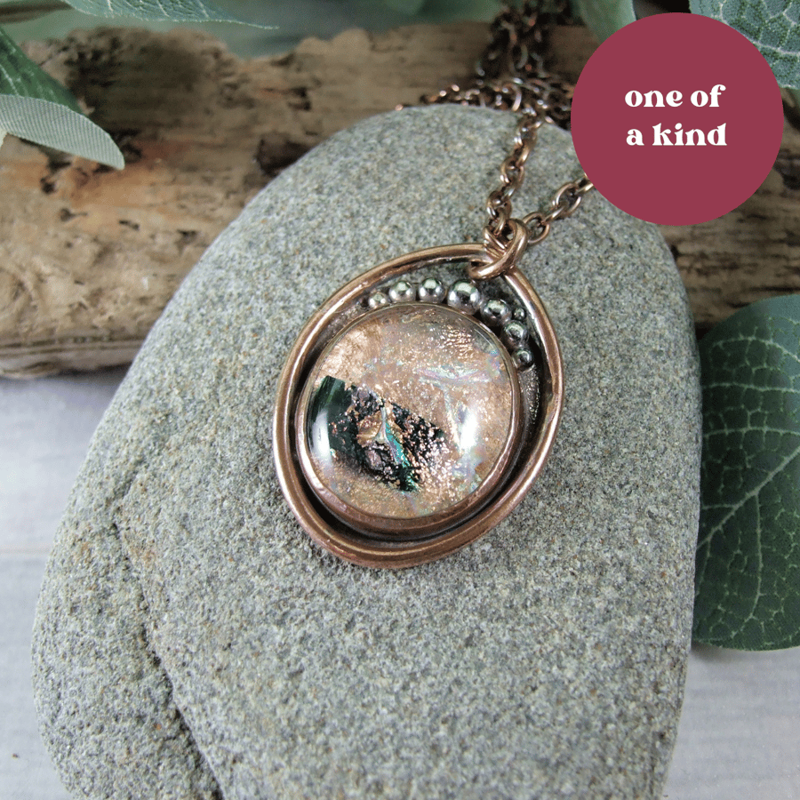 Handmade Dichroic Glass and Copper Necklace. Artisan Pendant
